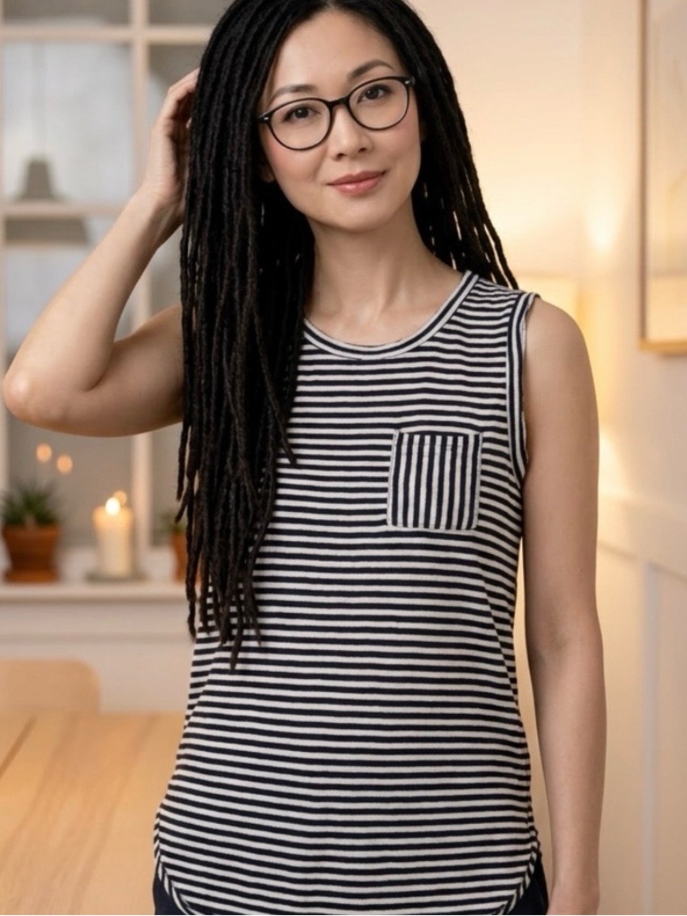 Pink Rose Casual Sleeveless Blue White Striped Crewneck Pocket Tee Tank Shirt-M - Picture 2 of 15